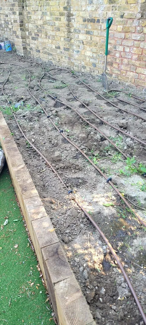 Long border dug over and levelled against a wall, ready for planting